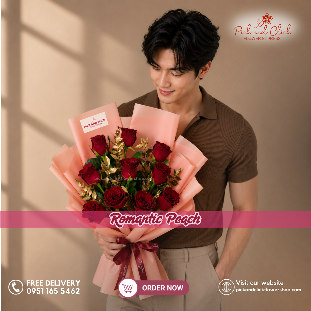 Romantic Peach bouquet featuring 10 imported red China roses with rich layered petals, beautifully arranged for anniversaries, romantic gifts, proposals, Valentine's Day, and flower delivery in the Philippines.