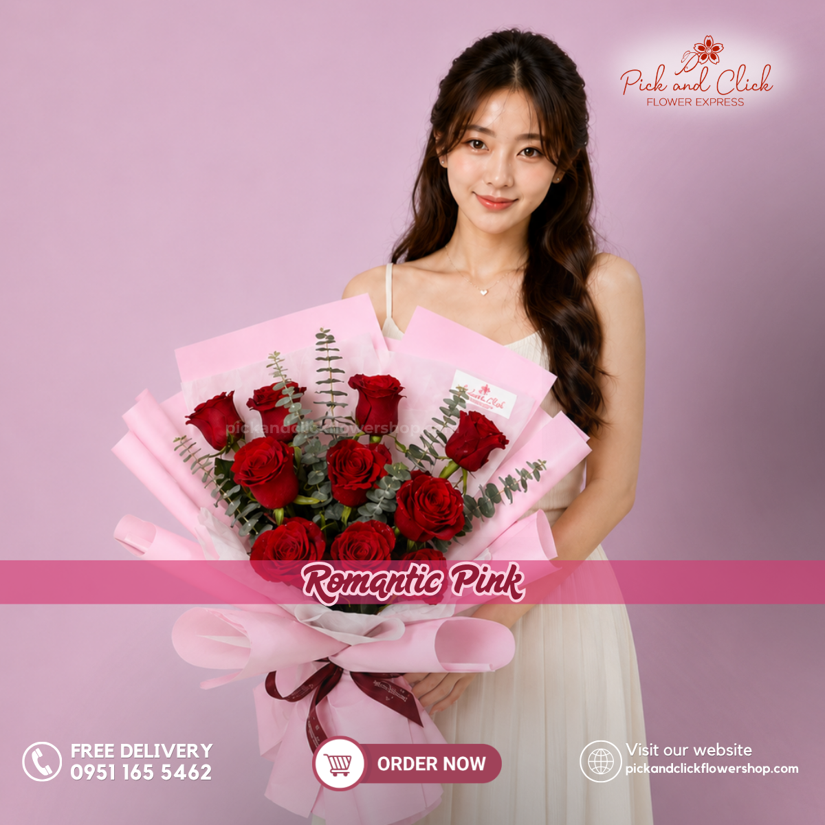 Romantic Pink bouquet featuring 10 imported China roses with fresh eucalyptus, elegantly wrapped in soft pink paper, perfect for birthdays, anniversaries, romantic gifts, and flower delivery in the Philippines.