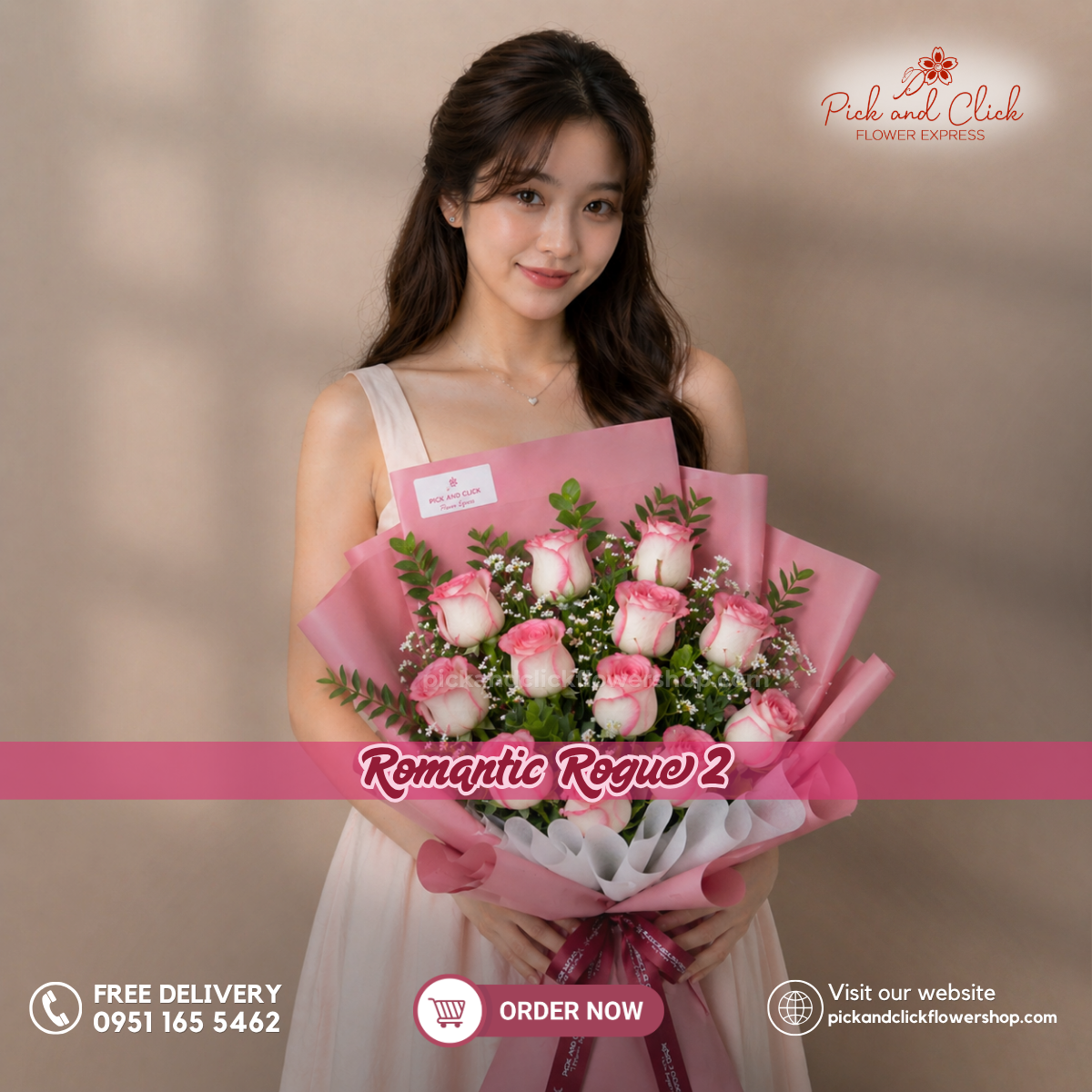 Romantic Rogue 2 bouquet featuring 12 two-tone pink roses, fresh eucalyptus, and white aster, wrapped in soft Korean-style old rose wrapping with a matching ribbon, perfect for anniversaries, birthdays, romantic surprises, and flower delivery in the Philippines.