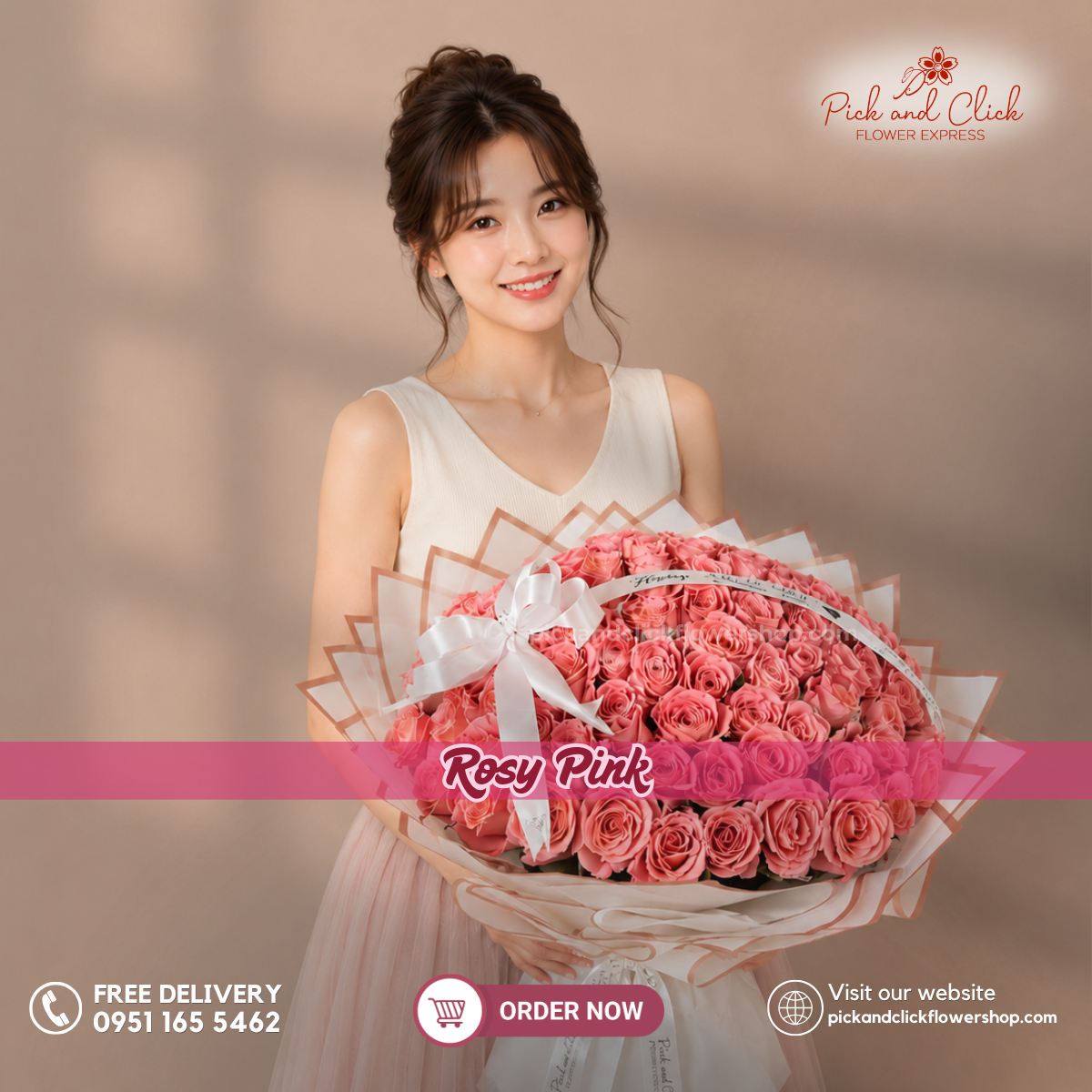 Rosy Pink bouquet featuring a round arrangement of premium imported pink roses, elegantly designed for birthdays, anniversaries, weddings, romantic gifts, and flower delivery in the Philippines.