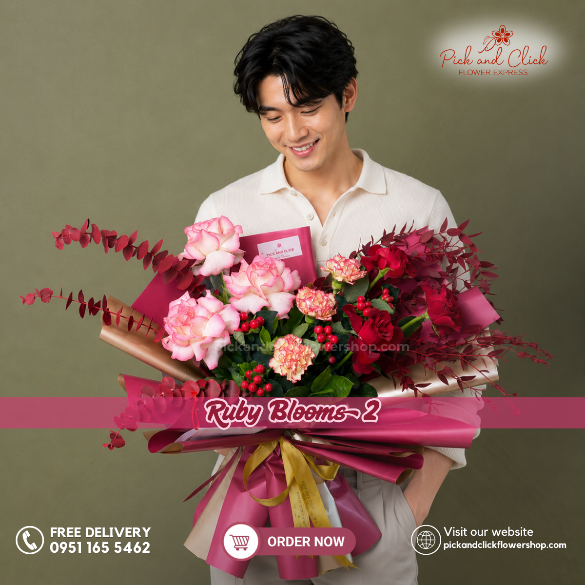Ruby Blooms 2 bouquet featuring imported red roses, imported two-tone roses, carnations, berries, Bells of Ireland, and dried parvi leaves, wrapped in elegant Korean-style wrapping with a matching ribbon, perfect for anniversaries, birthdays, romantic gifts, and flower delivery in the Philippines.