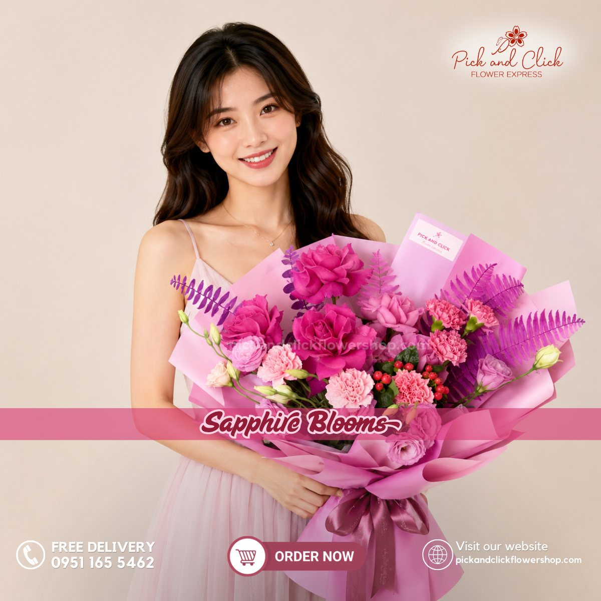 Sapphire Blooms bouquet featuring imported hot pink roses, imported fuchsia pink roses, light pink and hot pink carnations, lisianthus, berries, pink-sprayed eucalyptus, and pink-sprayed pako leaves, perfect for birthdays, anniversaries, romantic gifts, and flower delivery in the Philippines.