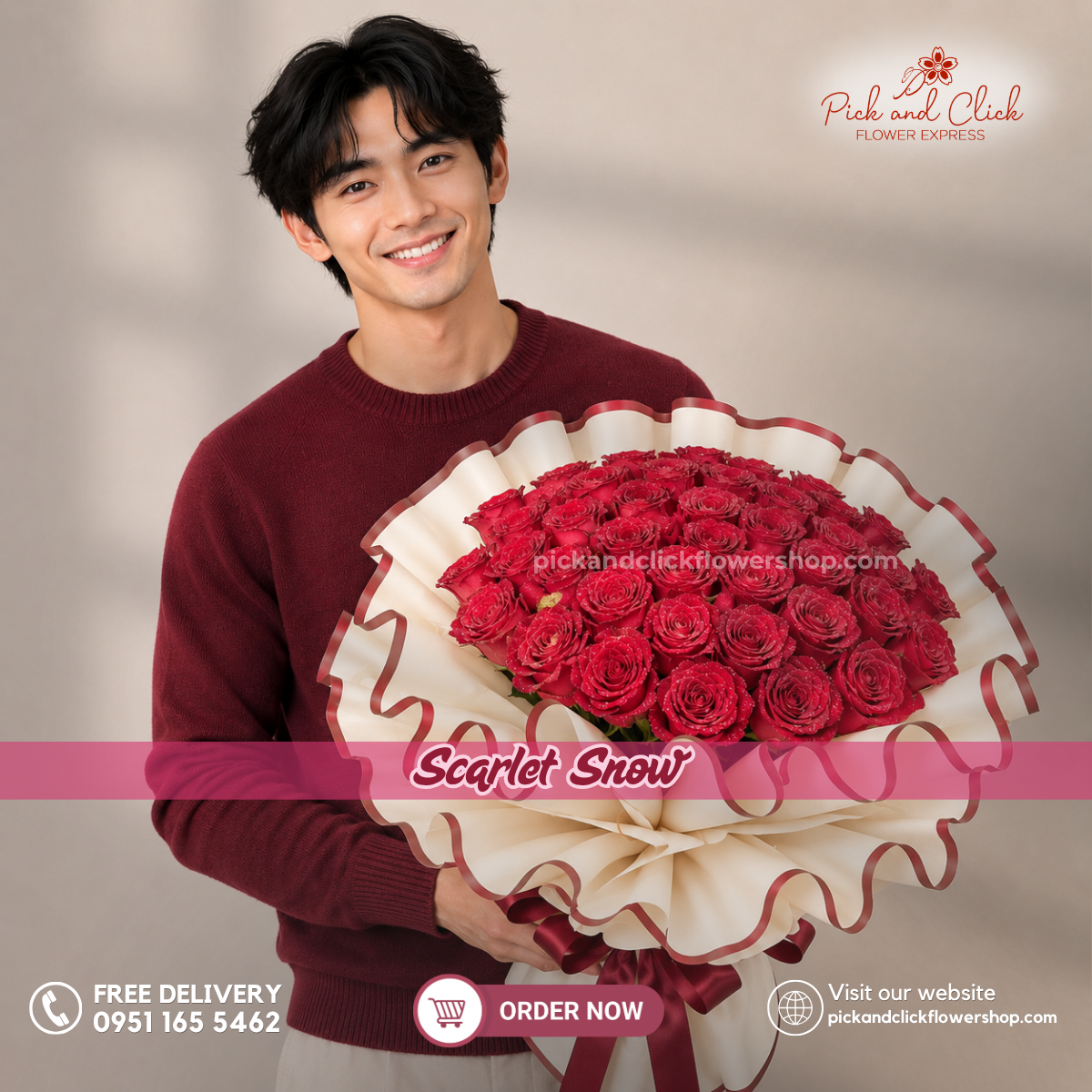 Scarlet Snow bouquet featuring fresh premium red roses with velvety petals, beautifully arranged to symbolize deep love and devotion, perfect for anniversaries, Valentine's Day, proposals, romantic gifts, and flower delivery in the Philippines.