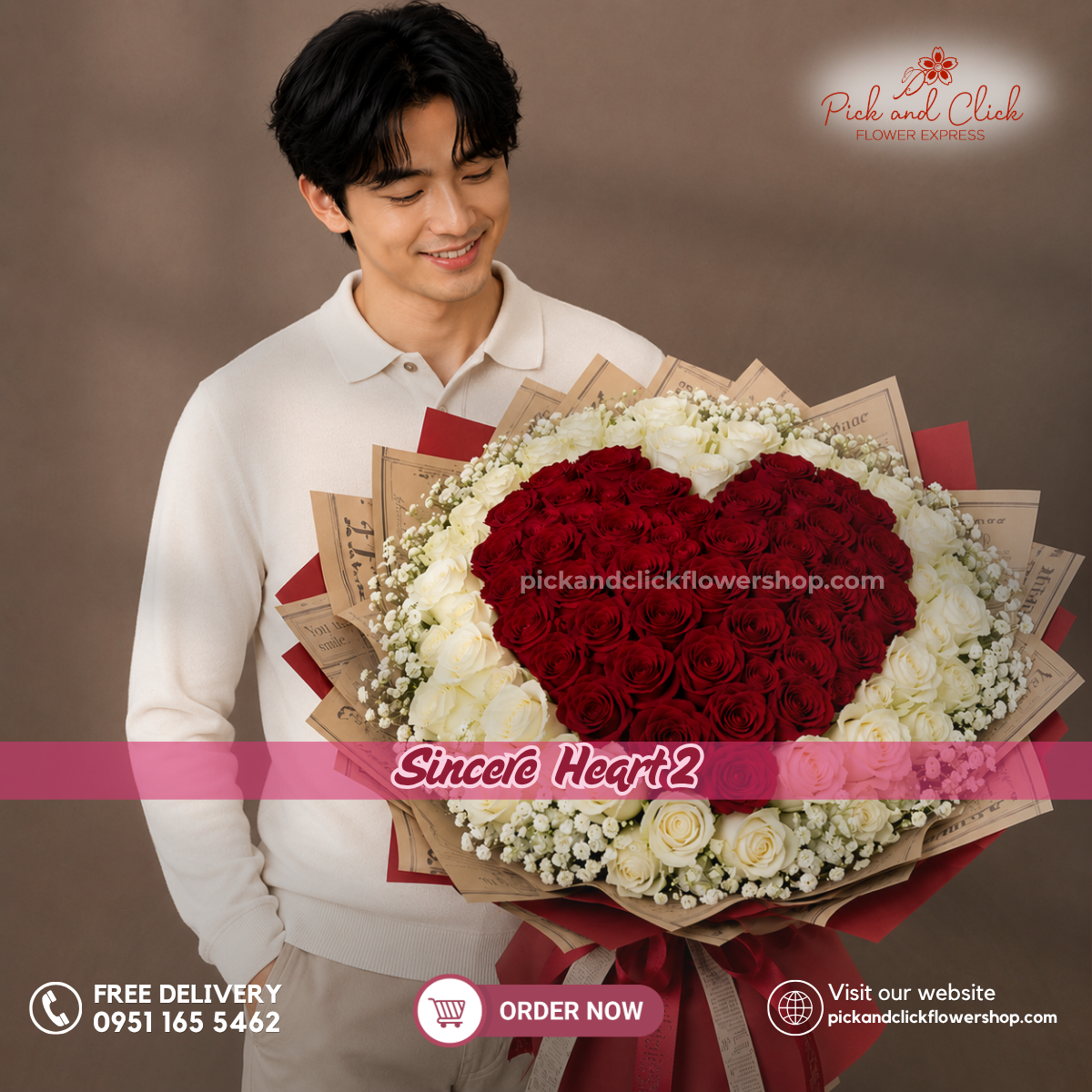 Sincere Heart 2 bouquet featuring 40 imported red roses, 60 imported white roses, and fresh gypsophila in a red, white, and soft ivory color theme, perfect for grand romantic gestures, anniversaries, proposals, and flower delivery in the Philippines.