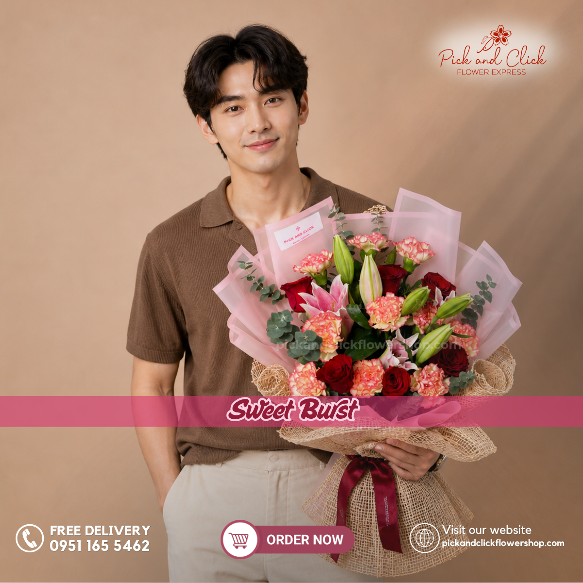 Sweet Burst bouquet featuring fresh pink Stargazer lilies, two-tone carnations, and premium red roses, beautifully arranged for birthdays, anniversaries, romantic celebrations, and flower delivery in the Philippines.