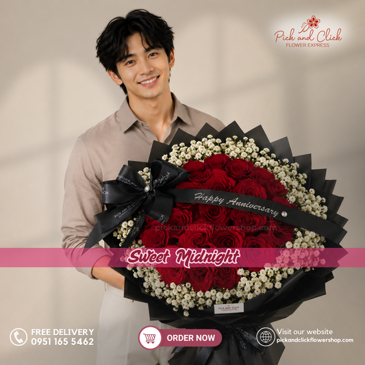 Sweet Midnight bouquet featuring fresh premium red roses with rich velvety petals, beautifully arranged to symbolize deep love and commitment, perfect for anniversaries, Valentine's Day, proposals, romantic gifts, and flower delivery in the Philippines.