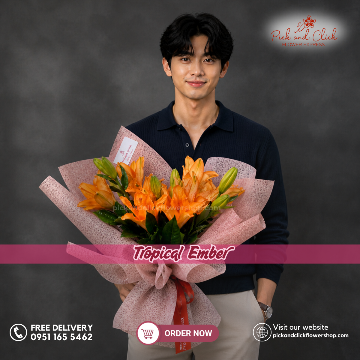 Tropical Ember bouquet featuring fresh orange Stargazer lilies wrapped in premium Korean linen with a matching ribbon, perfect for birthdays, congratulations, celebrations, and flower delivery in the Philippines.