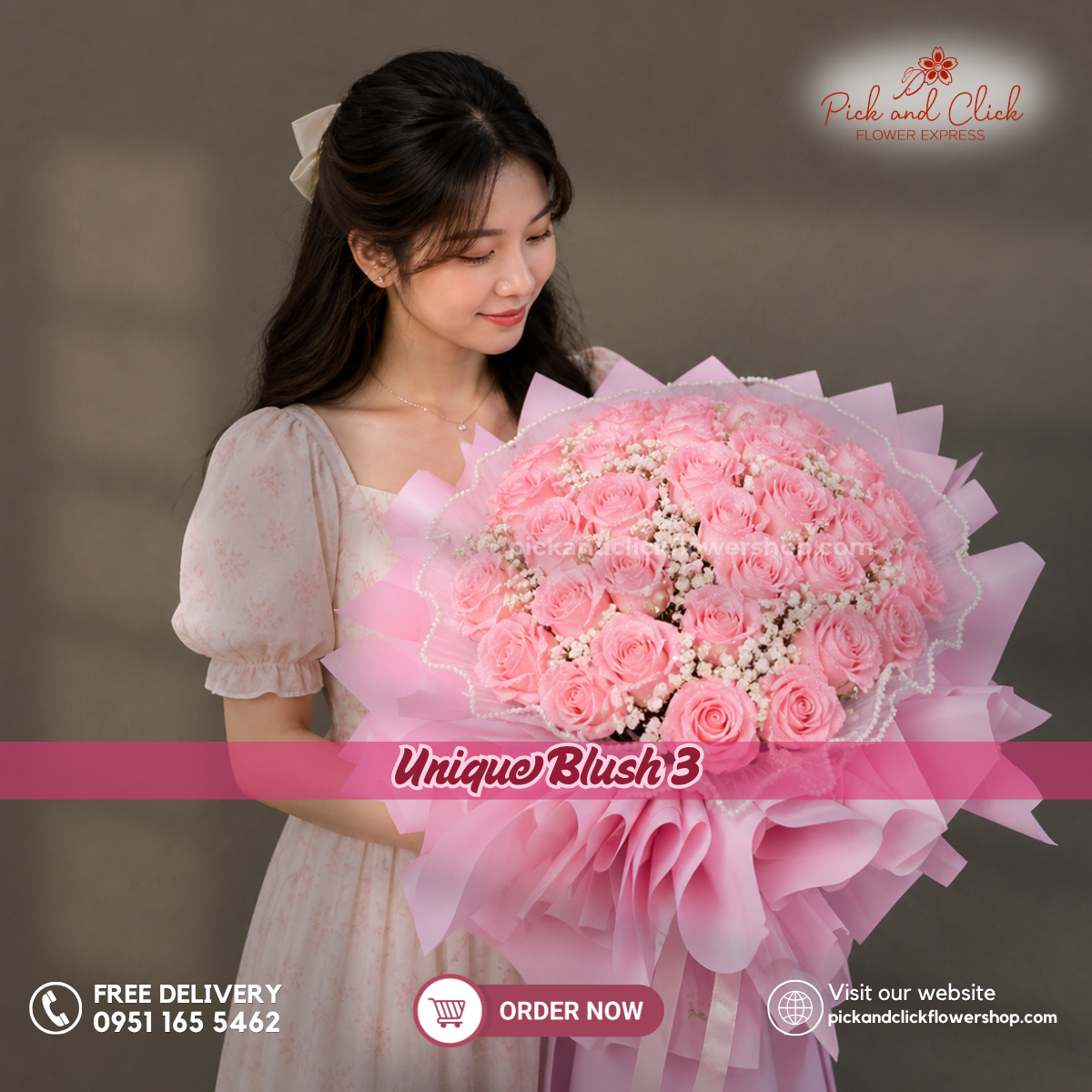 Unique Blush 3 bouquet featuring 30 fresh imported light pink roses wrapped in an elegant color-coordinated wrapper with a matching ribbon, perfect for anniversaries, birthdays, romantic gifts, and flower delivery in the Philippines.