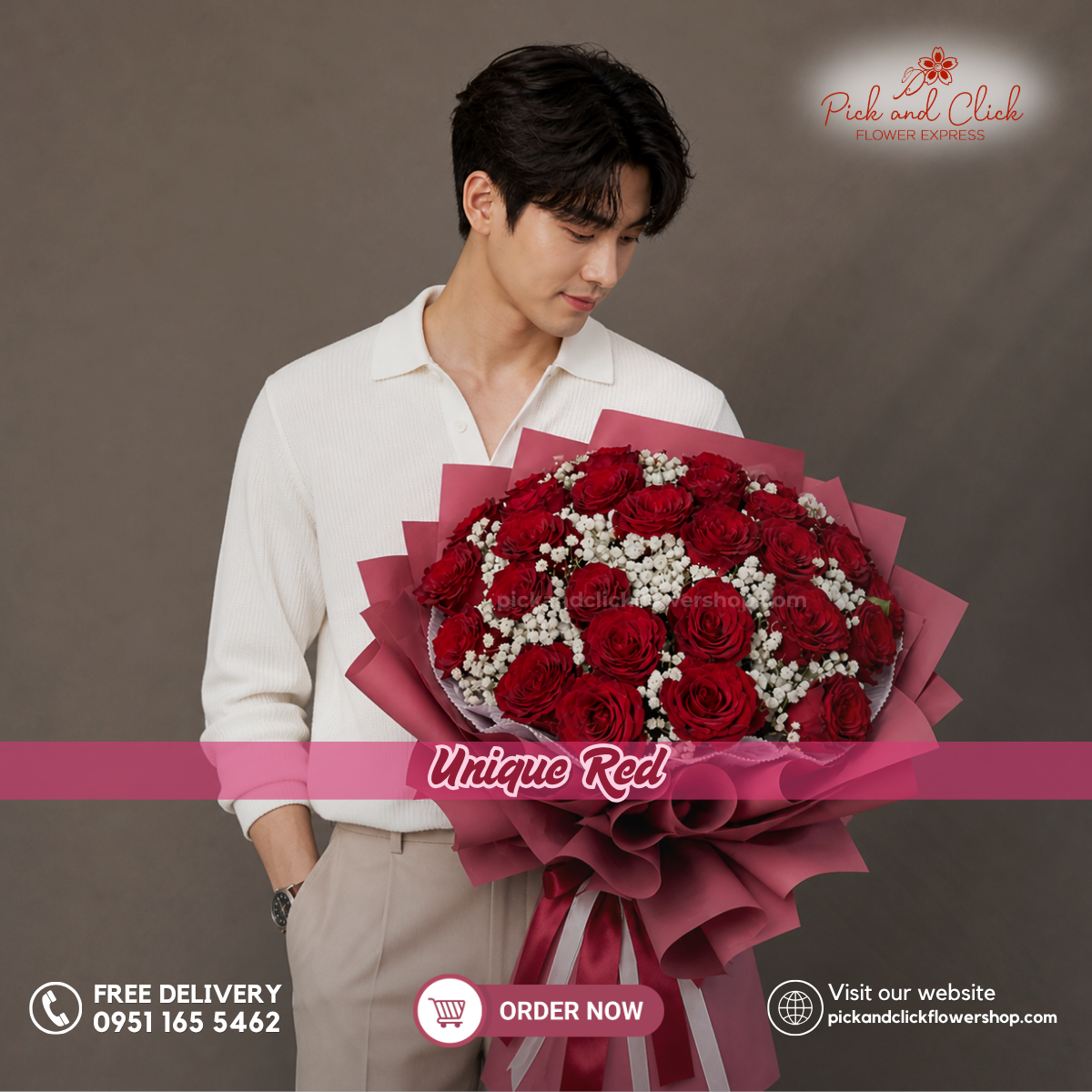 Unique Red bouquet featuring 30 fresh premium red roses, expertly arranged to symbolize love and passion, perfect for anniversaries, proposals, Valentine's Day, romantic gifts, and flower delivery in the Philippines.