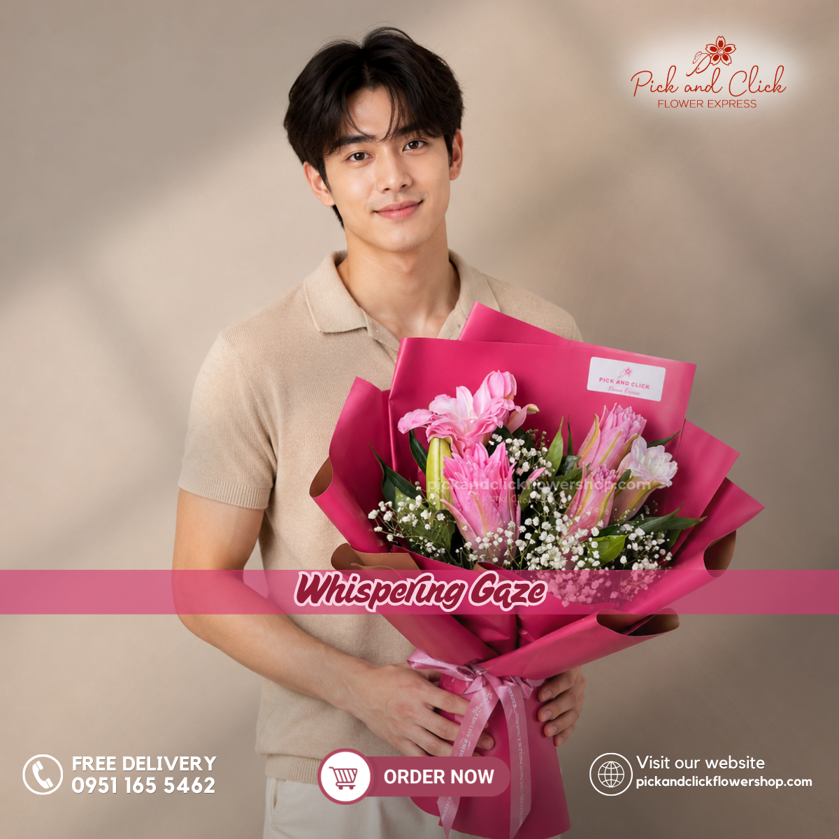 Whispering Gaze bouquet featuring fresh Stargazer lilies and gypsophila (baby’s breath), wrapped in premium Korean-style wrapping with a matching ribbon, perfect for birthdays, anniversaries, congratulations, sympathy, and flower delivery in the Philippines.