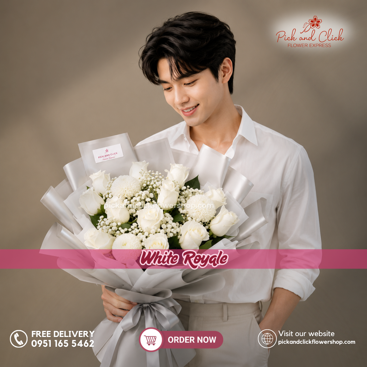 White Royale bouquet featuring fresh premium white roses, elegantly arranged to symbolize purity, sincerity, and remembrance, perfect for weddings, anniversaries, sympathy, special occasions, and flower delivery in the Philippines.